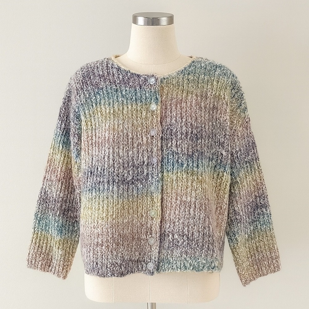 Striped Knit Cardigan Sweater Pastel Multicolor Button Large‎ Soft Handmade Boxy